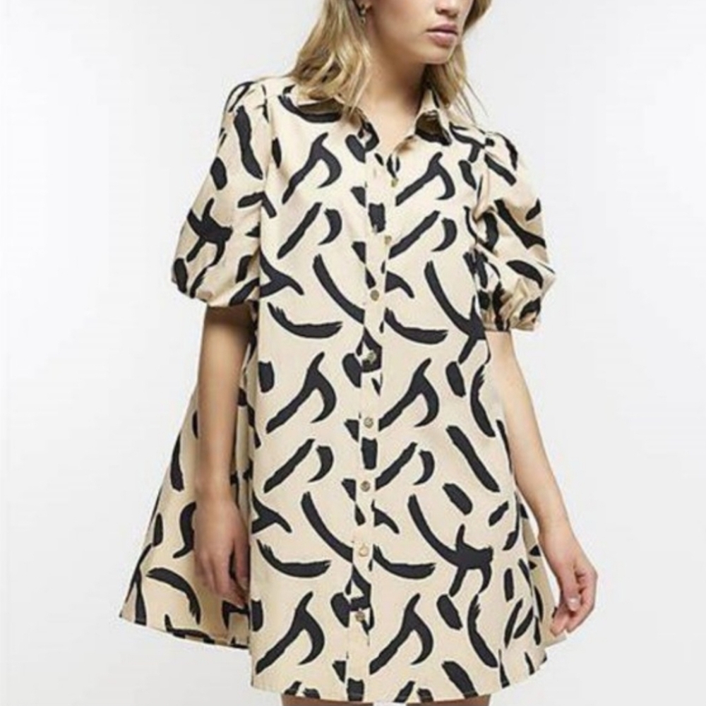 River Island 'NEGOTIATION' Beige poplin short sleeve mini shirt dress